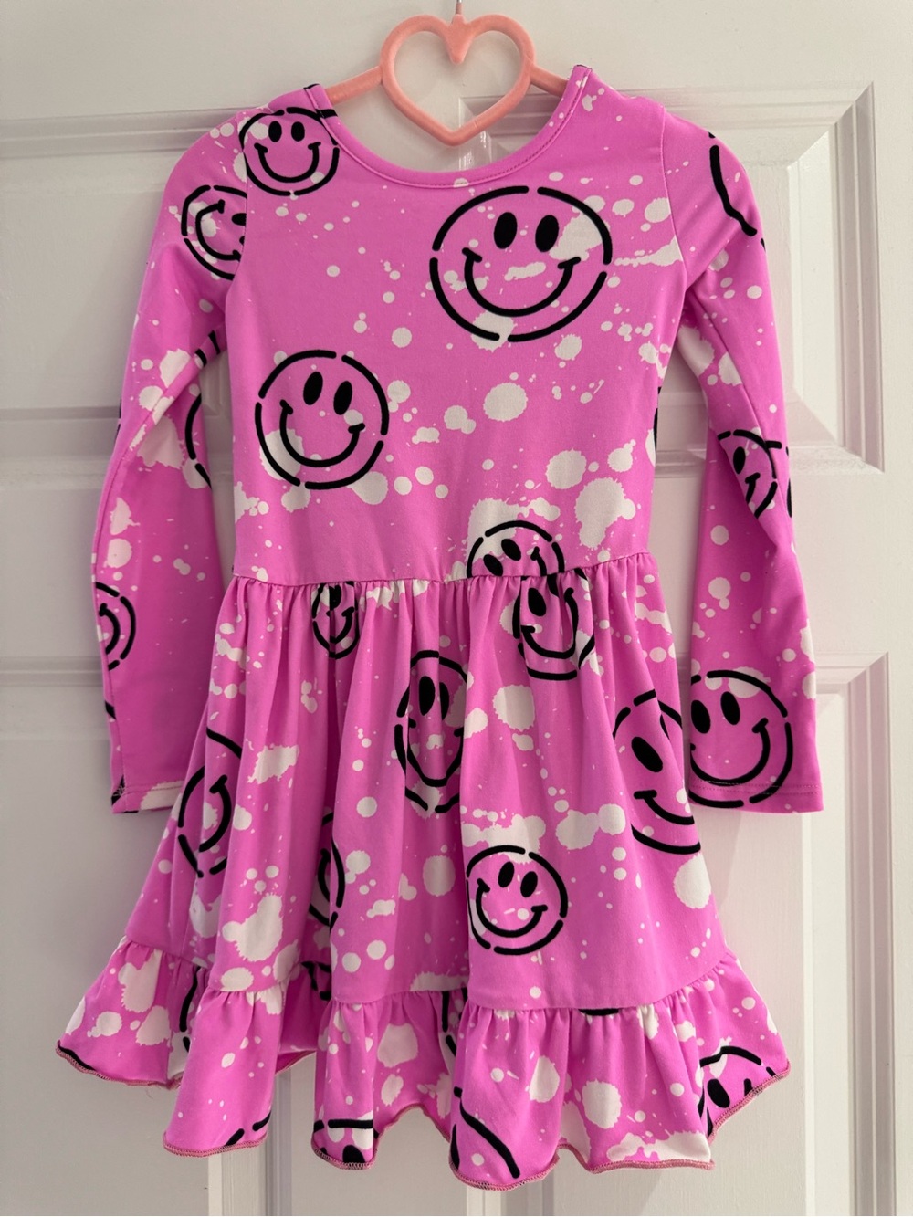 Pixielane Girls Pink Smiley Print Long-Sleeve Ruffle Dress